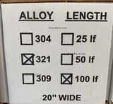 Type 321 stainless steel tool wrap 20” x 100’ x .002" - Knights Furnace
